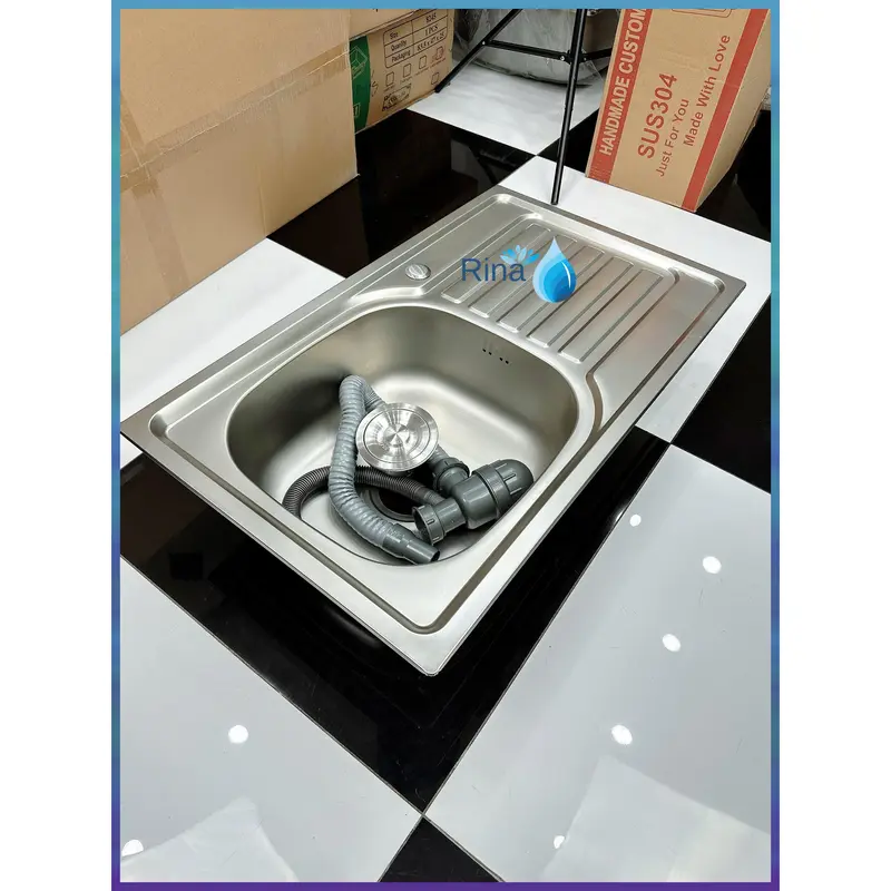 Bồn Rửa Chén Bát Inox 1 Hộc 1 Cánh Rina C08 KT 75x45cm Chậu Rửa Chén Inox 1 hố Kèm Vòi Rửa Chén Lạnh và Bộ Xả Chống Hôi 1