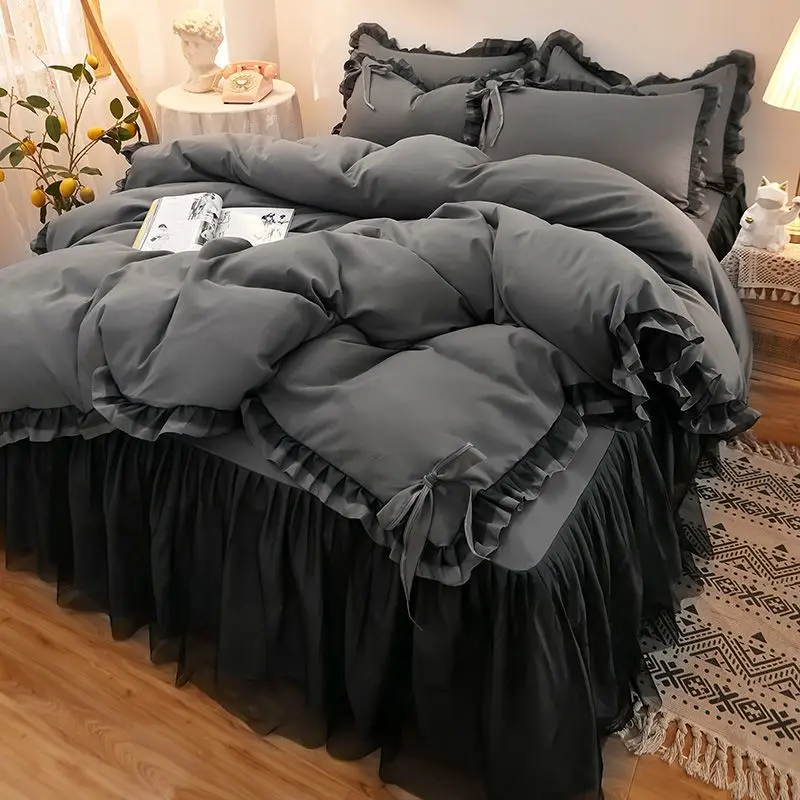 Vỏ Chăn Giường, Bốn Mảnh, Phong Cách Hàn Quốc, Vải Dày, Chà Nhám, Chống Trượt, Khăn Trải Giường Ren Xếp Nhún, Bộ Đồ Giường Phong Cách Công Chúa Ba Mảnh