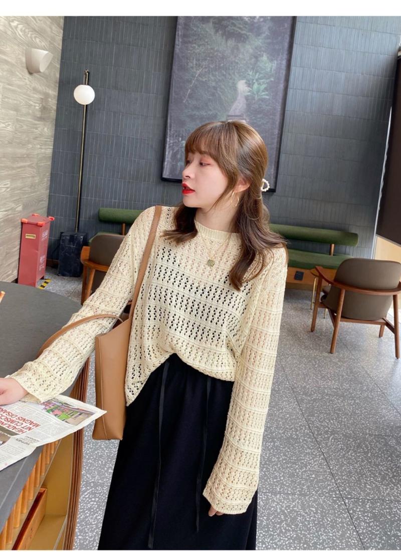 Product Introduction of 🔥Top fashion hollow out knits trendy women new loose slimming outside wear thin ruffles long sleeve shirt trendy top for women Womenswear Knitwear 10