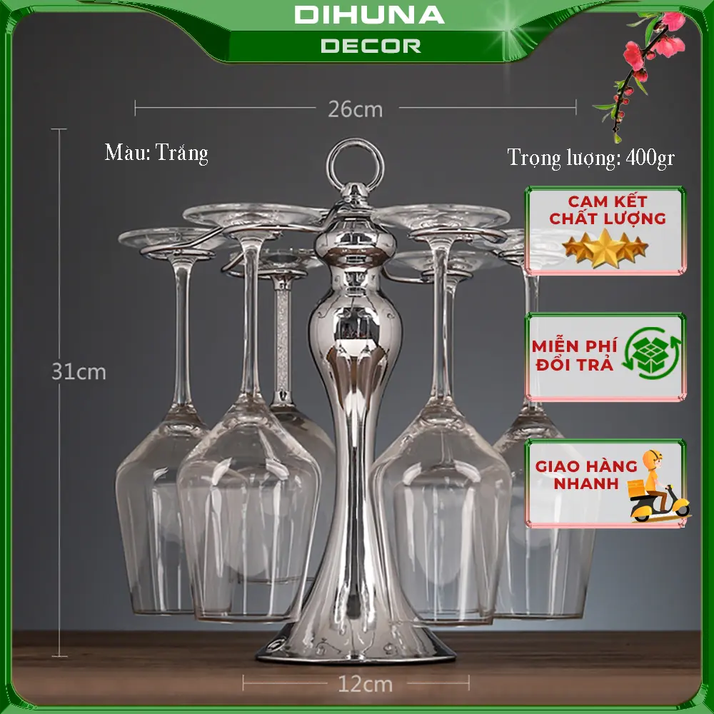 Giá Treo Ly Rượu Vang Decor.Dihuna Màu Xám Bạc, Khay Treo Ly Đồ Decor Trang Trí Để Bàn, Kệ Tủ Rượu, Làm Quà Tặng