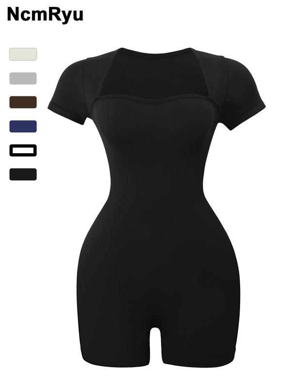 Women's Basic Square Neck Sports  Romper, Pickleball & Tennis Clothes, Lady Sporty Back To School Short Sleeve Ribbed Romper, Ladies   Minimalistic Clothes for Indoor Outdoor Wear, Womenswear 8