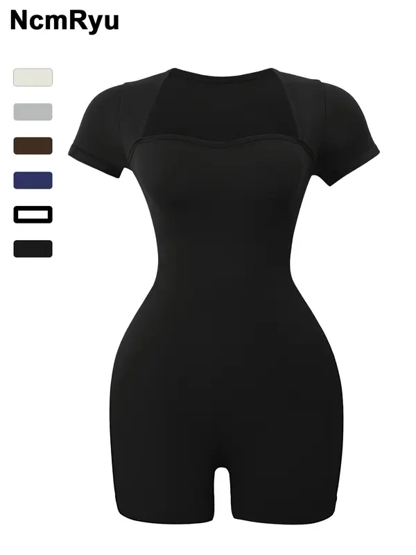 Women's Basic Square Neck Sports  Romper, Pickleball & Tennis Clothes, Lady Sporty Back To School Short Sleeve Ribbed Romper, Ladies   Minimalistic Clothes for Indoor Outdoor Wear, Womenswear 8
