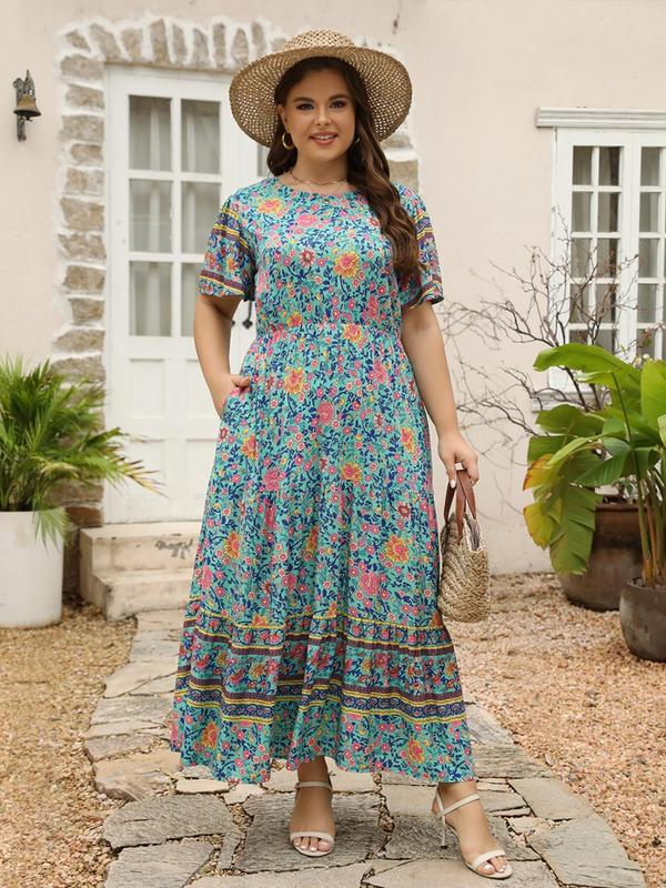 【Plus Size】 Ditsy Floral Print Dress, Fashion Casual Short Sleeve Dress for Daily Holiday Vacation Wear, Women Plus Clothing for Spring 7