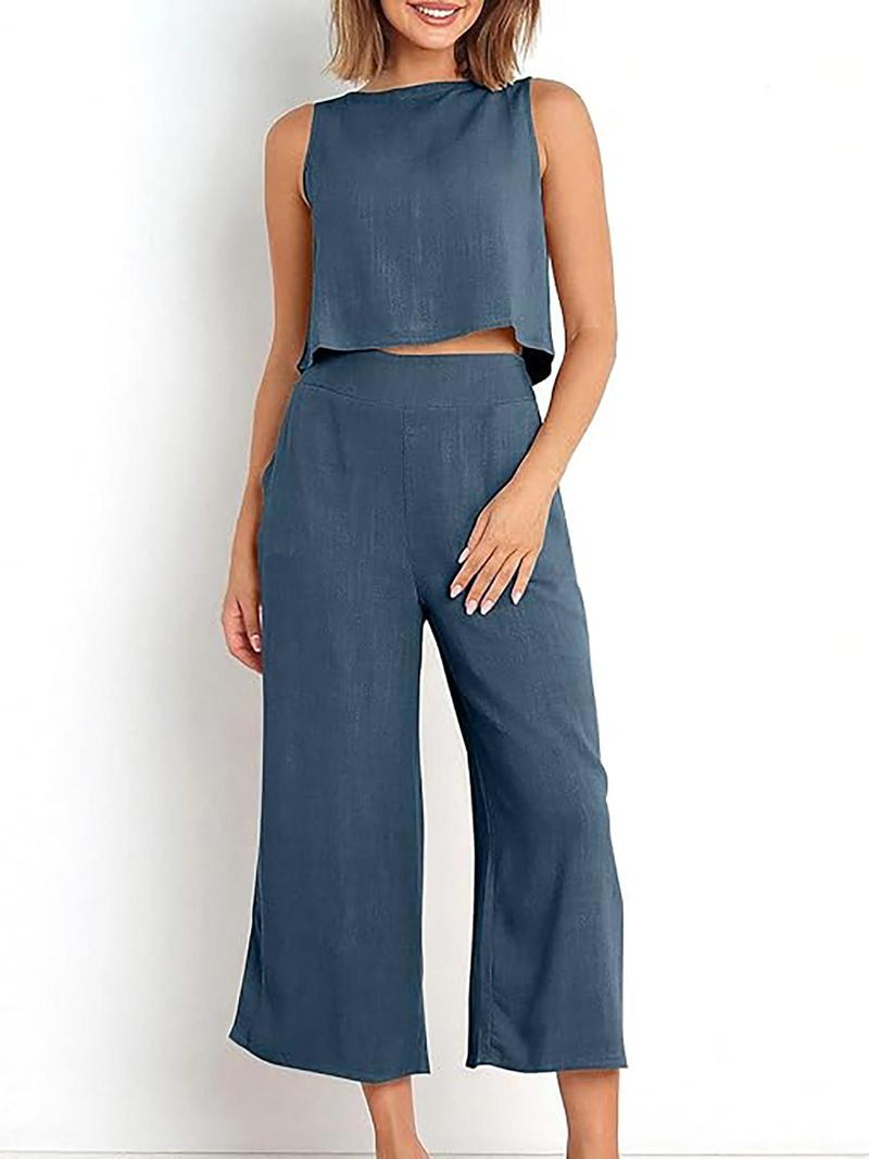 Product Introduction of Two-Piece Set Women's Solid Sleeveless Buttons Tank Top & Elastic Waist Wide Leg Capri Pants Set, Summer Outfits 2024, Casual Round Neck Top & Pocket Trousers Set for Summer, Ladies Clothes for Daily Wear 9