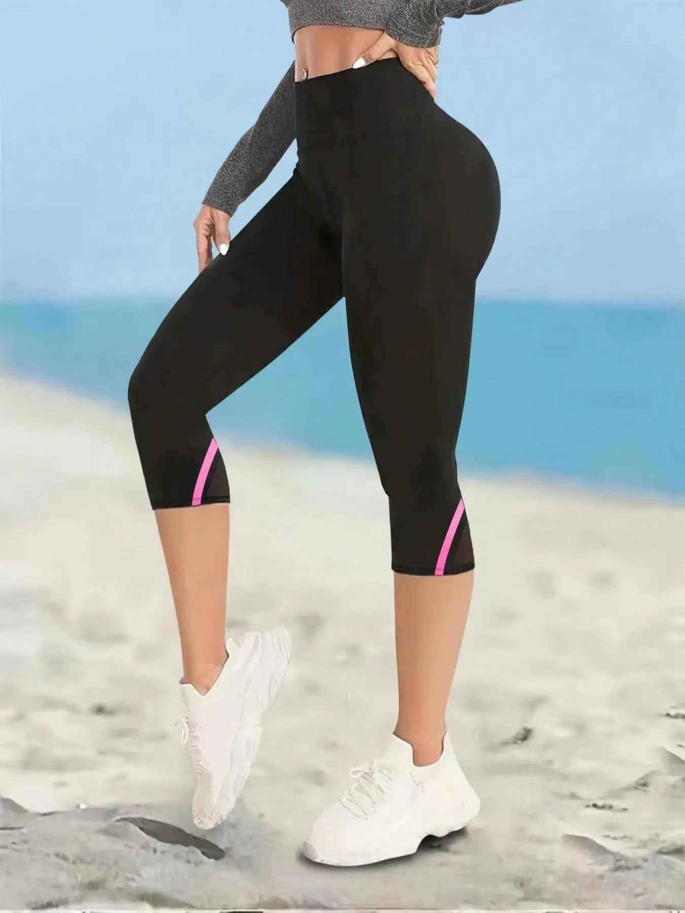 Women's Striped Print High Waist Sports Capri Leggings, Casual Comfy Breathable Skinny Pants for Yoga Gym Workout Running, Ladies Sportswear for All Seasons