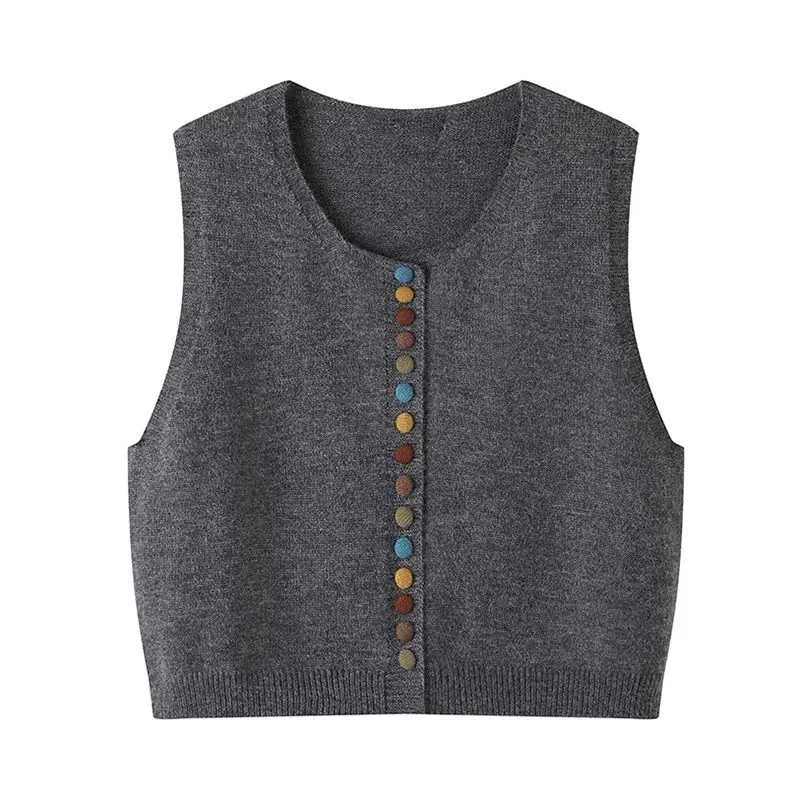 Áo Vest Không Tay Khóa Màu, Dệt Kim, Cổ Tròn, Dáng Rộng Vừa Vặn, Hàng Mới Về Mùa Thu, Áo Len, Dành Cho Nữ, Phong Cách 202 400, Phù Hợp Top Women 5