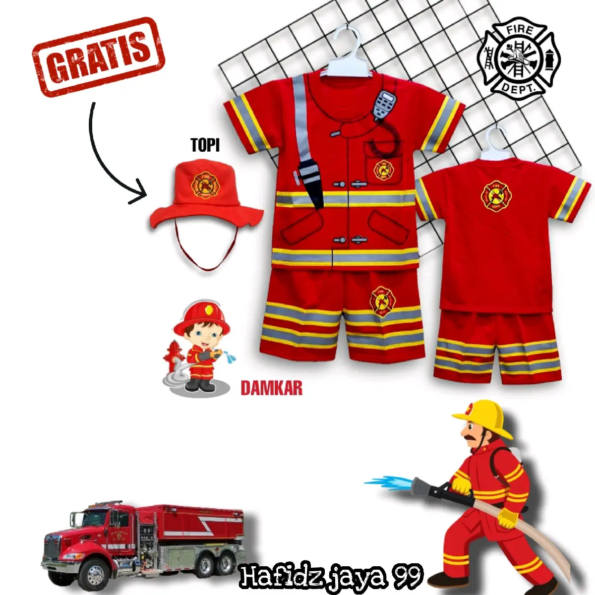 SETELAN ANAK BAJU PROFESI PEMADAM KEBAKARAN/SET BAJU DAMKAR SET TOPI Lengan pendek Katun Bisa Dicuci Dengan Mesin Film/TV Motif Fashion