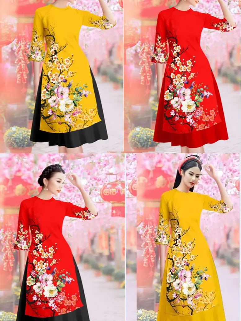 Phong Cách Lady - MS0262AD Áo dài cách tân hoa Đào đễ thương Dress Cổ Tròn
