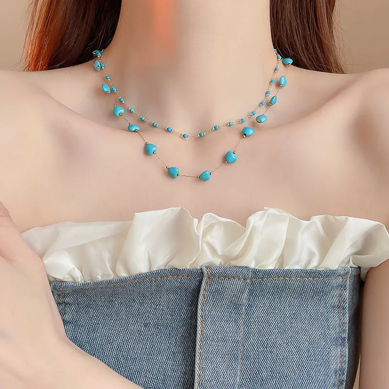 Vòng Cổ Đính Cườm, Mạ Điện Vàng Thật, Phong Cách Bohemian, Đá Nhân Tạo, Màu Xanh Lam, Giá Cả Phải Chăng, Sang Trọng, Cổ Điển, Dây Chuyền Xương Đòn, Đơn Giản, Trang Trí Cao Cấp
