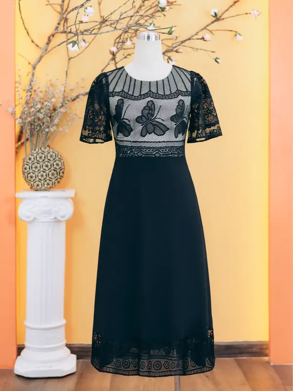 Sale giữa tháng mua sắm đầm đẹp săn đầm liền tay Đầm trung niên TTV1752 Vải Voan chiffon phối ren  Thoáng mát Dáng xòe Cổ tròn Tay ngắn Màu đen Quý phái sang trọng Nữ Women Dress Váy Cotton Thun 1