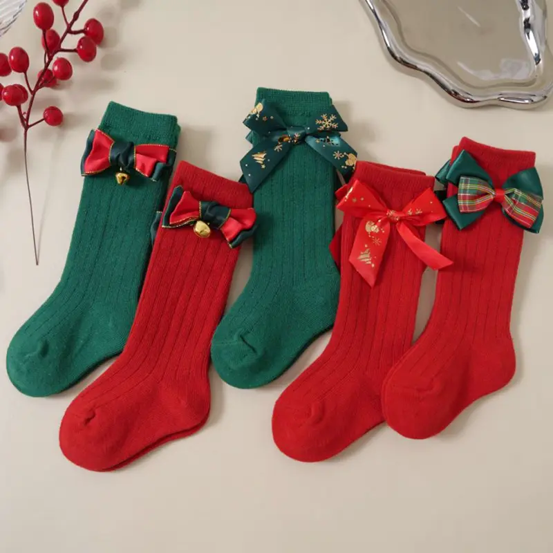 Kids Christmas Socks for Girls Bells Snowflake Plaid Bowknot Decor Toddler Sweet Anti-Skid Cute Baby Socks New Year Winter Socks