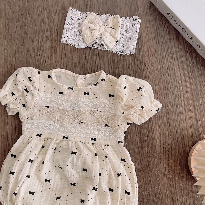 Bodysuit Bé Gái Chất Xô Muslin Thiết Chấm Bi Nơ Đen, Kèm Turban Nơ Xinh Xắn, Dành Cho Bé 3kg Đến 11kg 3