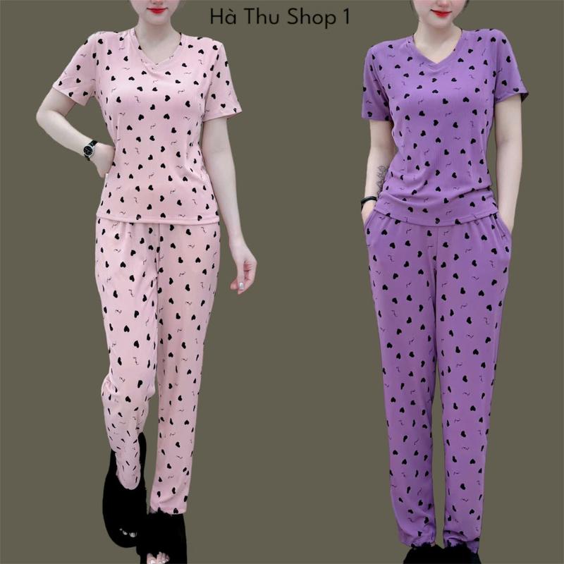 Đồ bộ dài quần baggy bigsize áo cổ tim tay ngắn chất thun gân co giảm mềm size 45-75kg Nữ Nhung Top Ong Kem Women Nâu