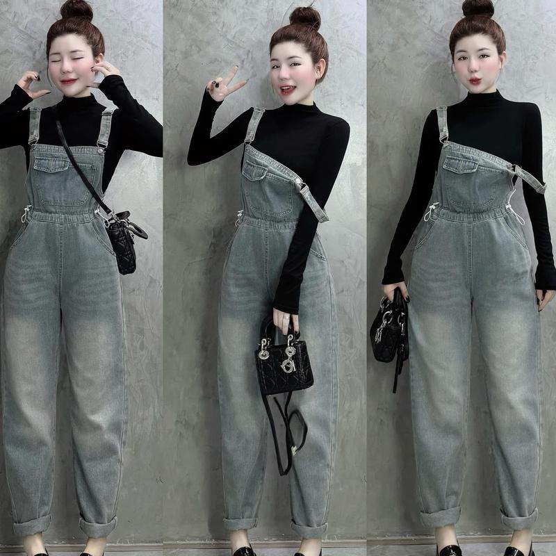 Quần yếm jeans dài baggy jeans cotton không co giãn ạ Women Nữ Pants