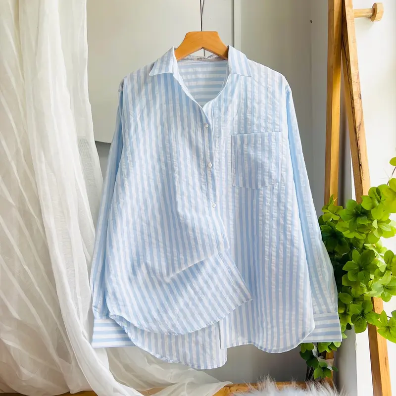 ( XÃ KHO ) Áo Sơ Mi Nữ Tay Dài Phom Rộng Chất Coton Đũi Mềm Mát Có Túi - Women's Top Shirt Kem Voi Nhung 0