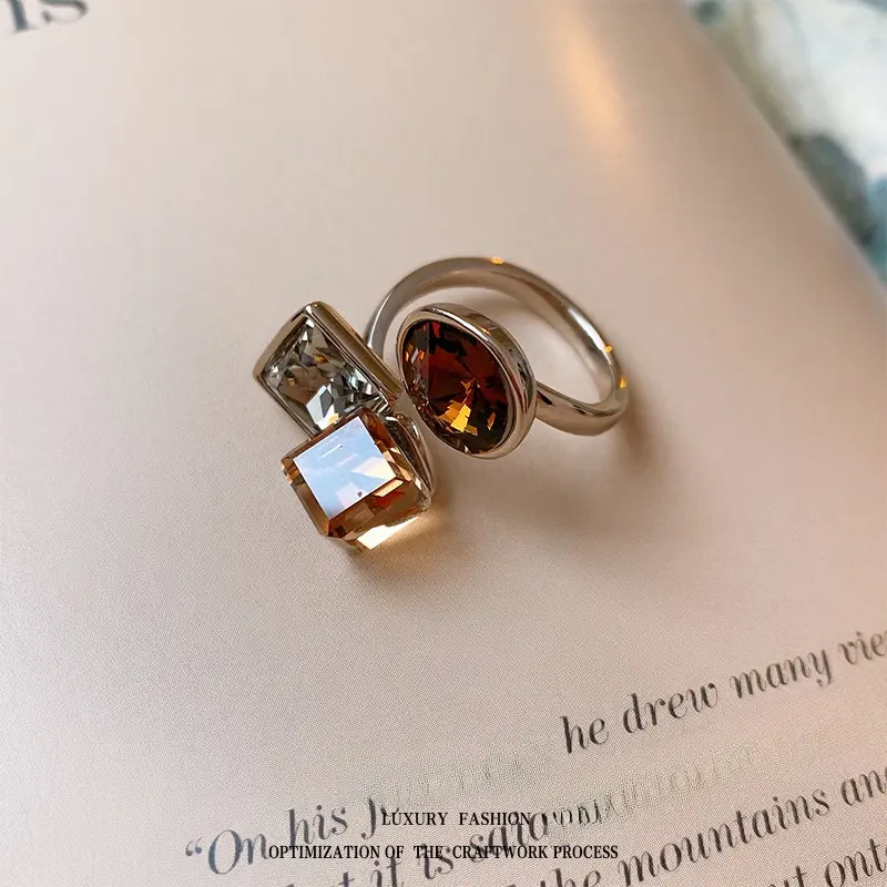 Gold Plated Zircon Square & Circle Open Ring| 2025 New Design Minimalist Jewelry| Elegant Women's Fashion Accessories| Affordable Chic Thai Gift