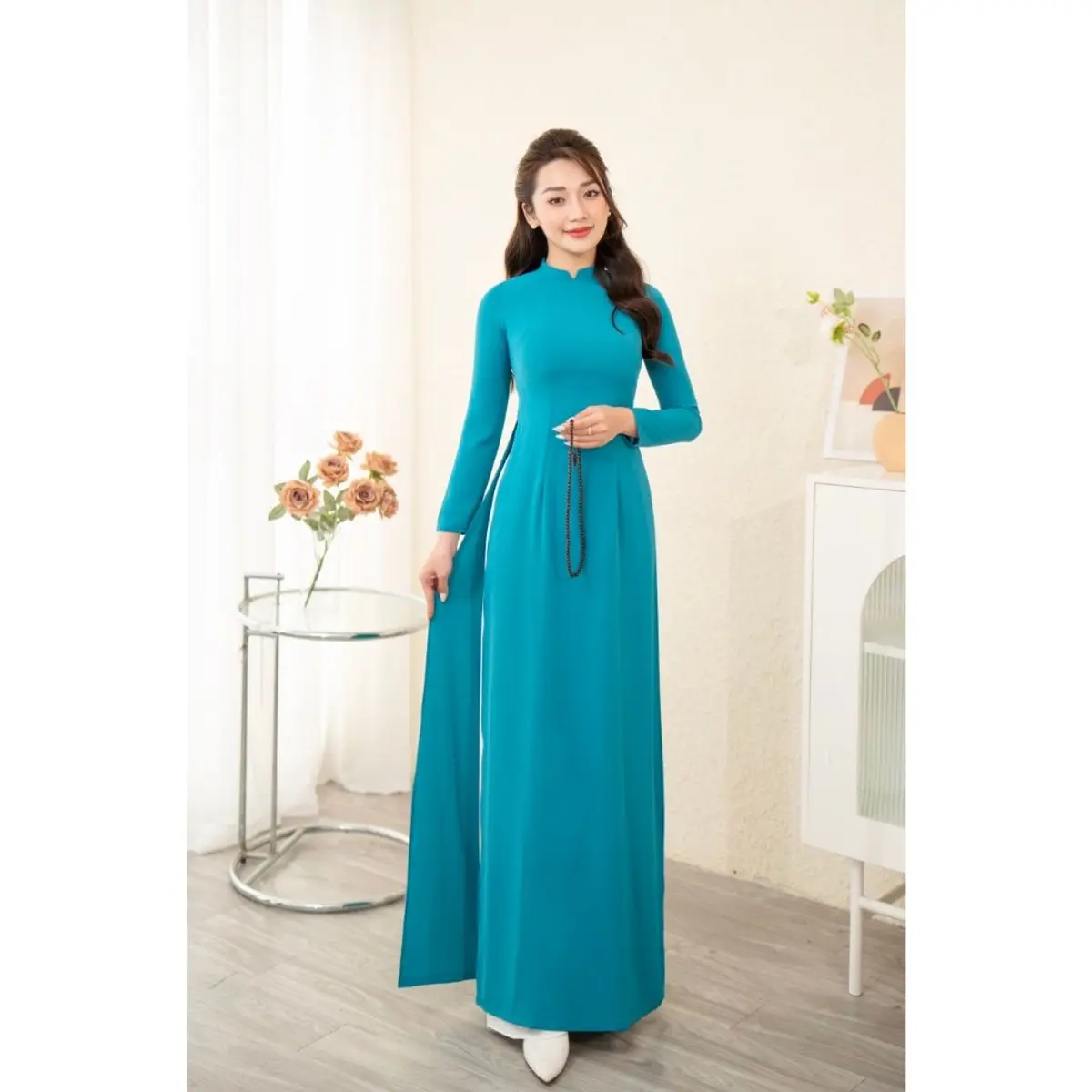 áo dài truyền thống lụa mỹ cổ 2p trơn  màu xanh  cổ vịt