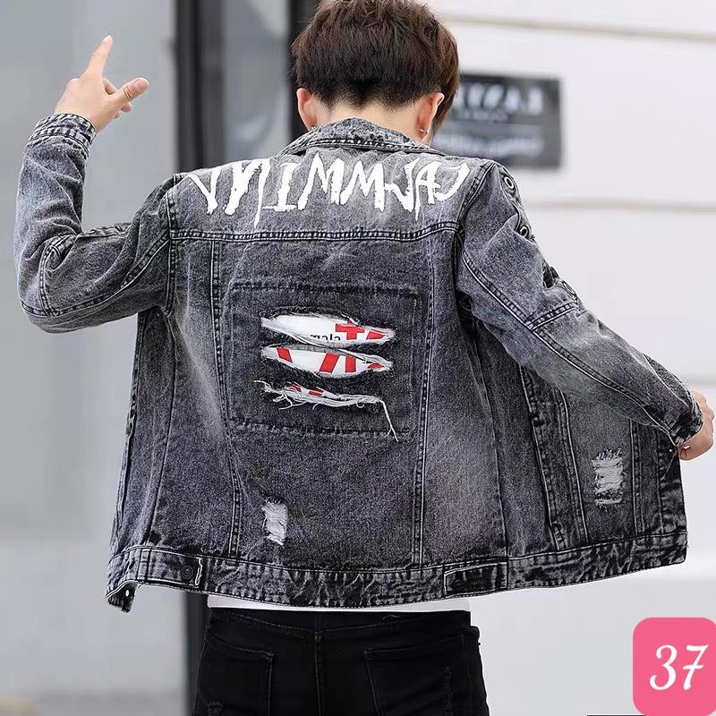Áo khoác jean nam màu xám nhạt rách chất liệu bò cao cấp co dãn nhẹ AK37 form dáng chuẩn đẹp Menswear Jacket Có Cổ Có Túi 1