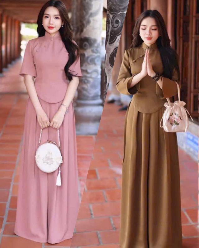 sét đồ nu bộ lam đi chùa áo cổ tàu tay lỡ cài nút bộc phối quần dài xòe ống rộng chất tuyết nhung 2 màu nâu hồng hình thích hopwj đi chùa đi lễ mặc tết vvv Top Màu Hồng