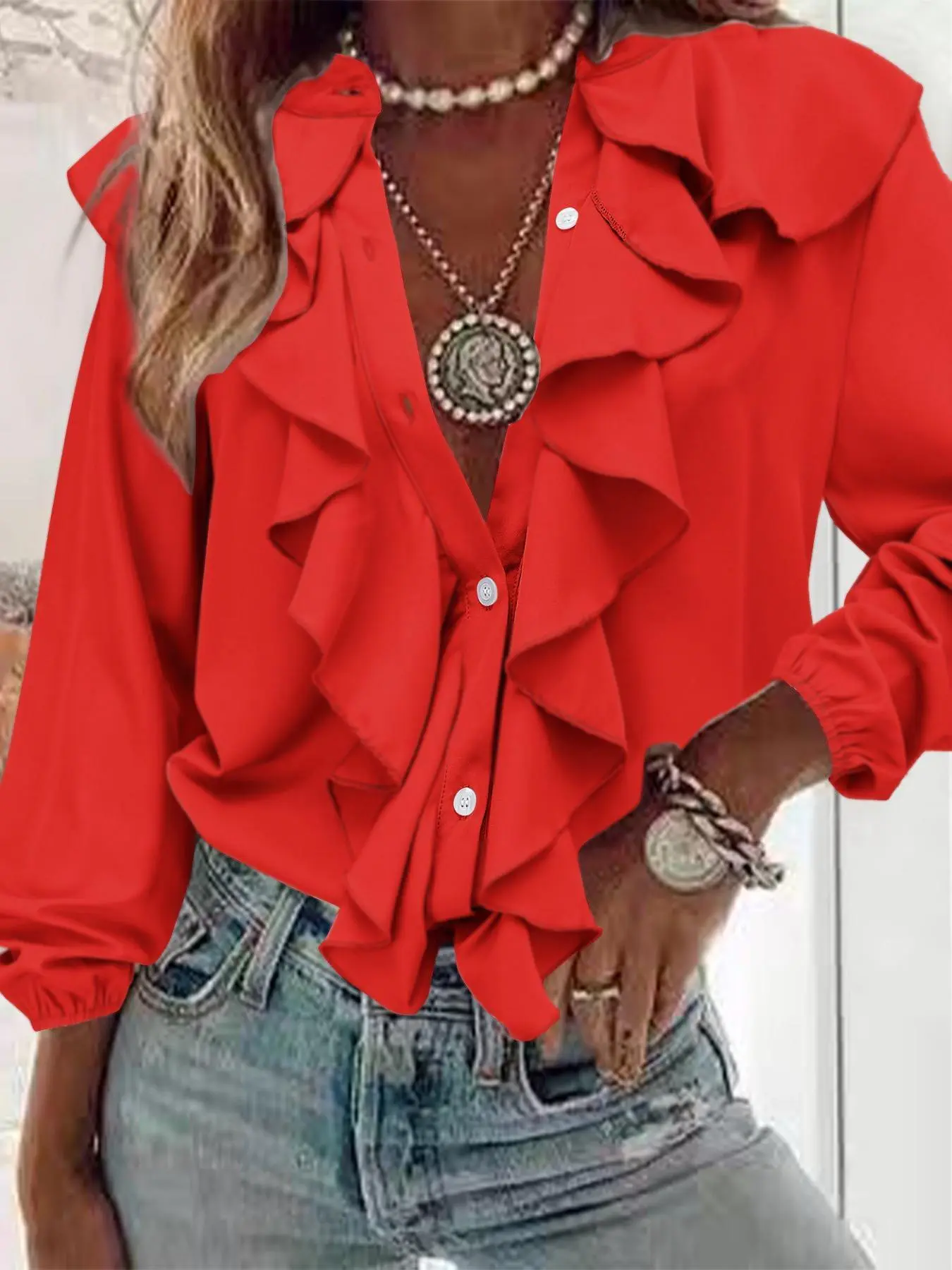 Women's Plain Ruffle Trim Button Front Blouse, Elegant Bishop Sleeve Stand Collar Top for Daily Wear, Ladies Clothes for All Seasons