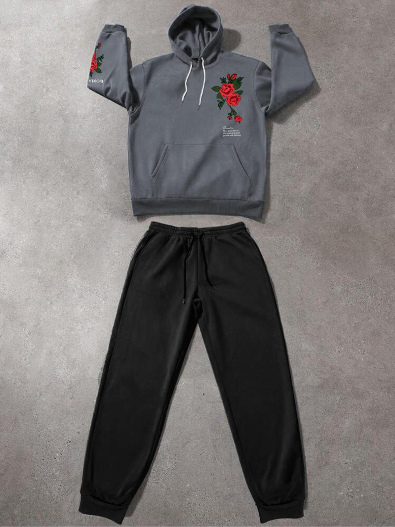 Product Introduction of Men's Regular Fit Rose Print Hoodie & Sweatpants Set, Casual Long Sleeve Hooded Sweatshirt & Jogger Pants, Men's Spring & Fall Clothes 7