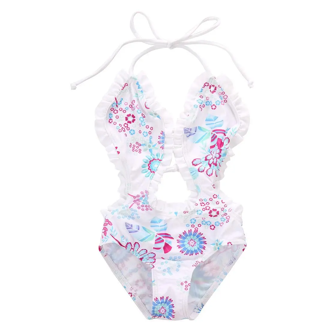Summer Kids Girls Swimwear Jumpsuit, Floral Printed Bandage Ruffled Swimsuit