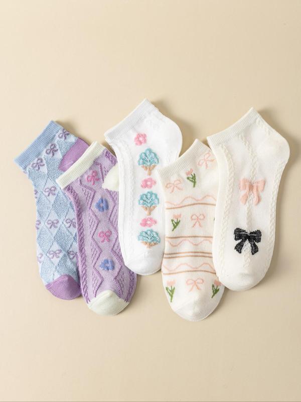Women's Floral & Bowknot Pattern Socks, Casual Soft Comfortable Breathable Low Cut Socks for Daily Wear, Women's Socks for All Seasons 3
