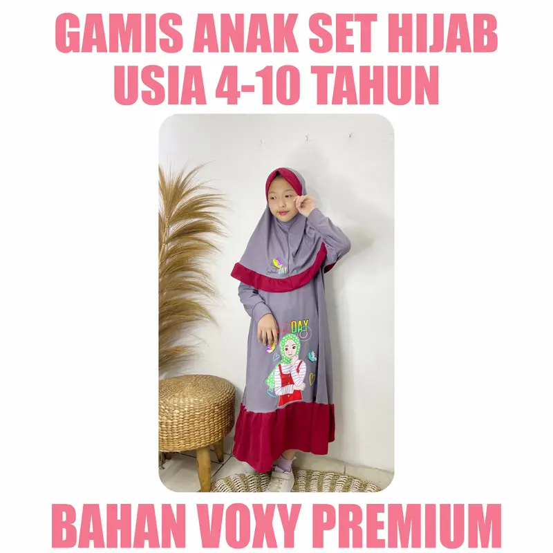 Baju Gamis Anak Perempuan Set Kerudung Usia 4-10 Tahun Motif Muslimah 4