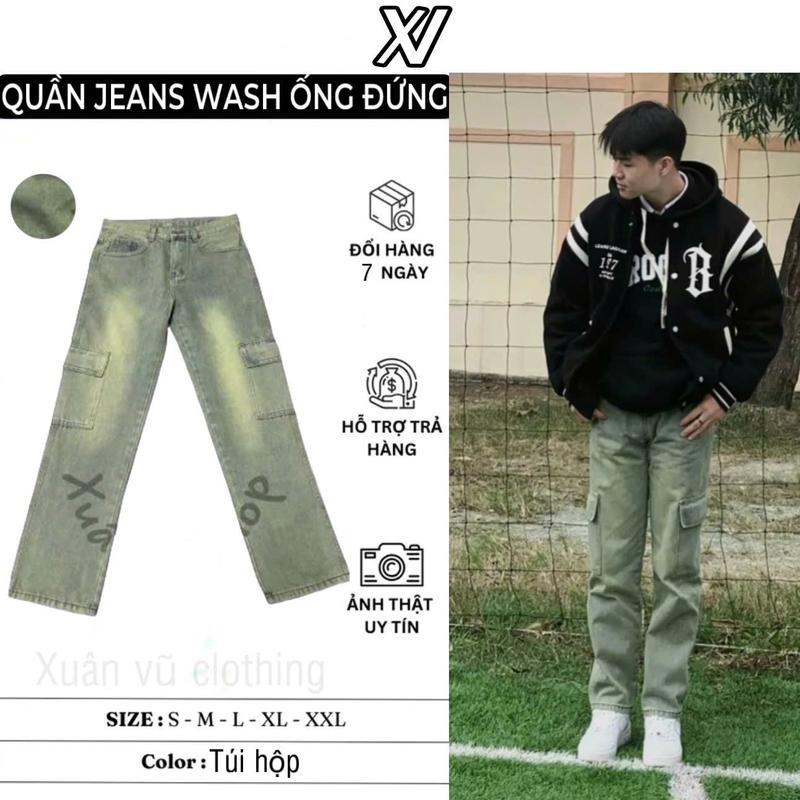 Quần Jean Nam Baggy Ống Rộng Hàn Quốc Màu Xám Xanh Menswear Ong Pants regular fit jeans Có Túi Loang