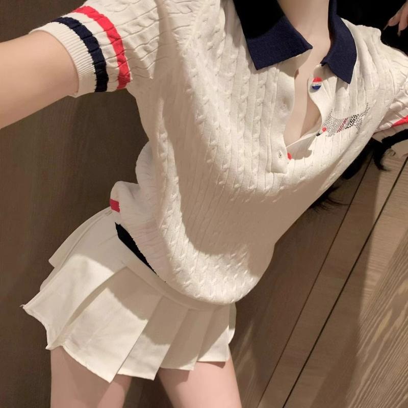  Áo len TB phong cách Preppy Qu Zhu lụa lạnh đính đá cho chó con Áo thun Polo ngắn tay dễ phối đồ thời trang cho nữ 