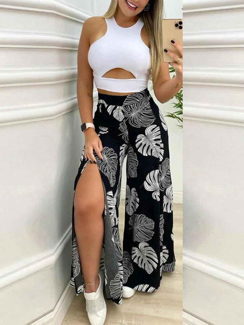 Product Introduction of Women's Solid Crop Top & Leaf Print Wide Leg Pants Two-Piece Set, Elegant Fashion Casual Top & High Waist Trousers for Daily Outdoor Wear, Ladies Outfits for Summer 4