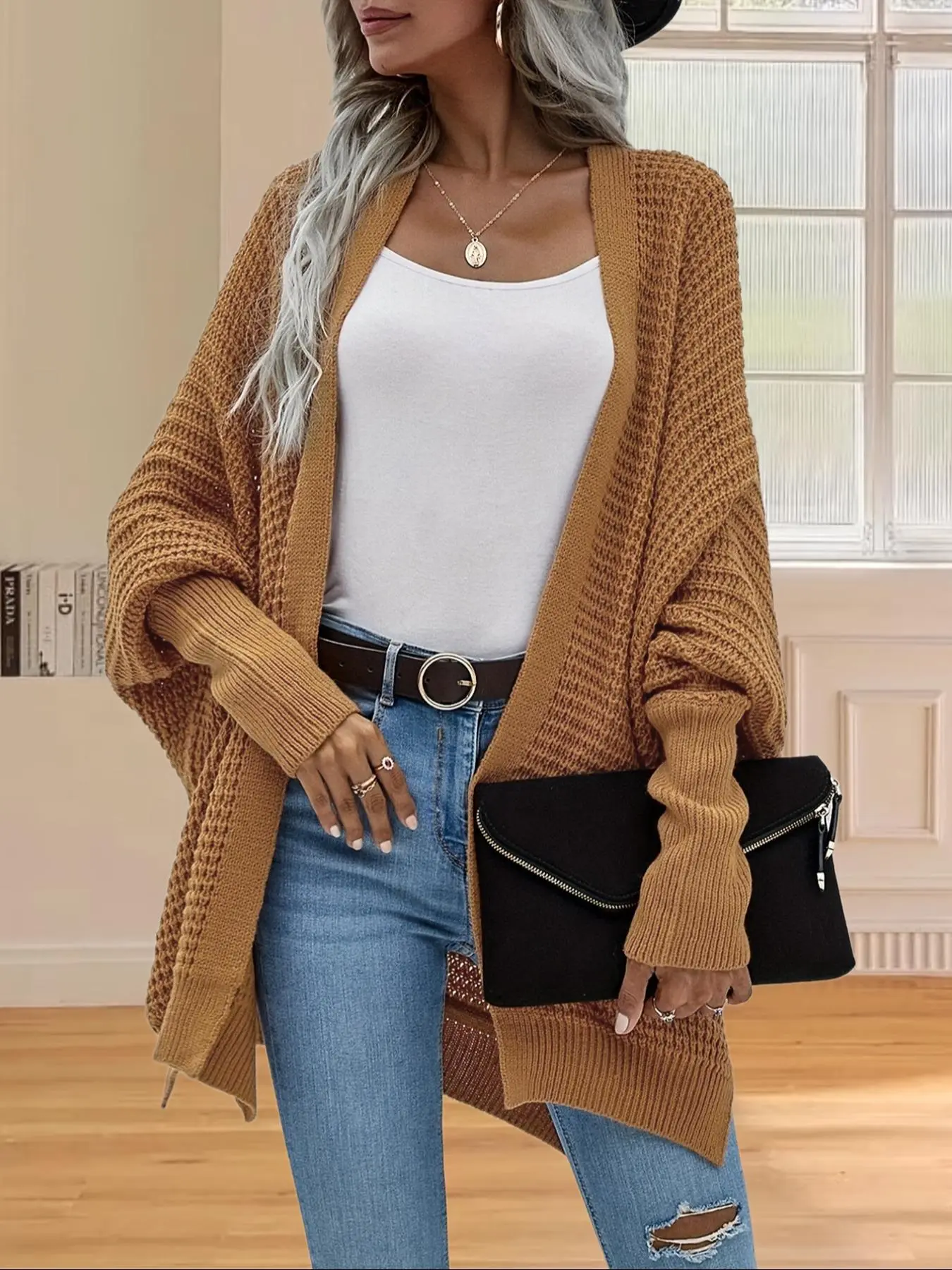 Women's Solid Asymmetrical Hem Batwing Sleeve Cardigan, Casual Long Sleeve Open Front Knitwear for Fall & Winter, Women's Knit Clothing for Daily Wear