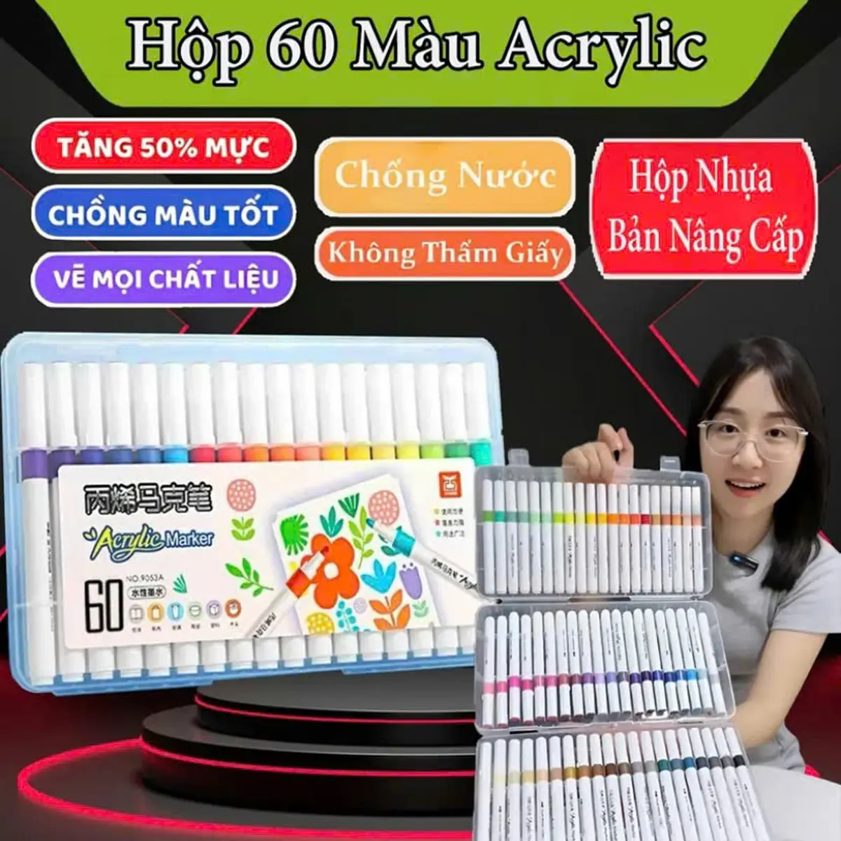 [ Bản Nâng Cấp ] Hộp 60 Bút Màu Acrylic Marker Cao Cấp Có Thể Vẽ Trồng Màu, Màu Sắc Tươi Sáng, Vẽ Trên Mọi Bề Mặt, Chất Liệu