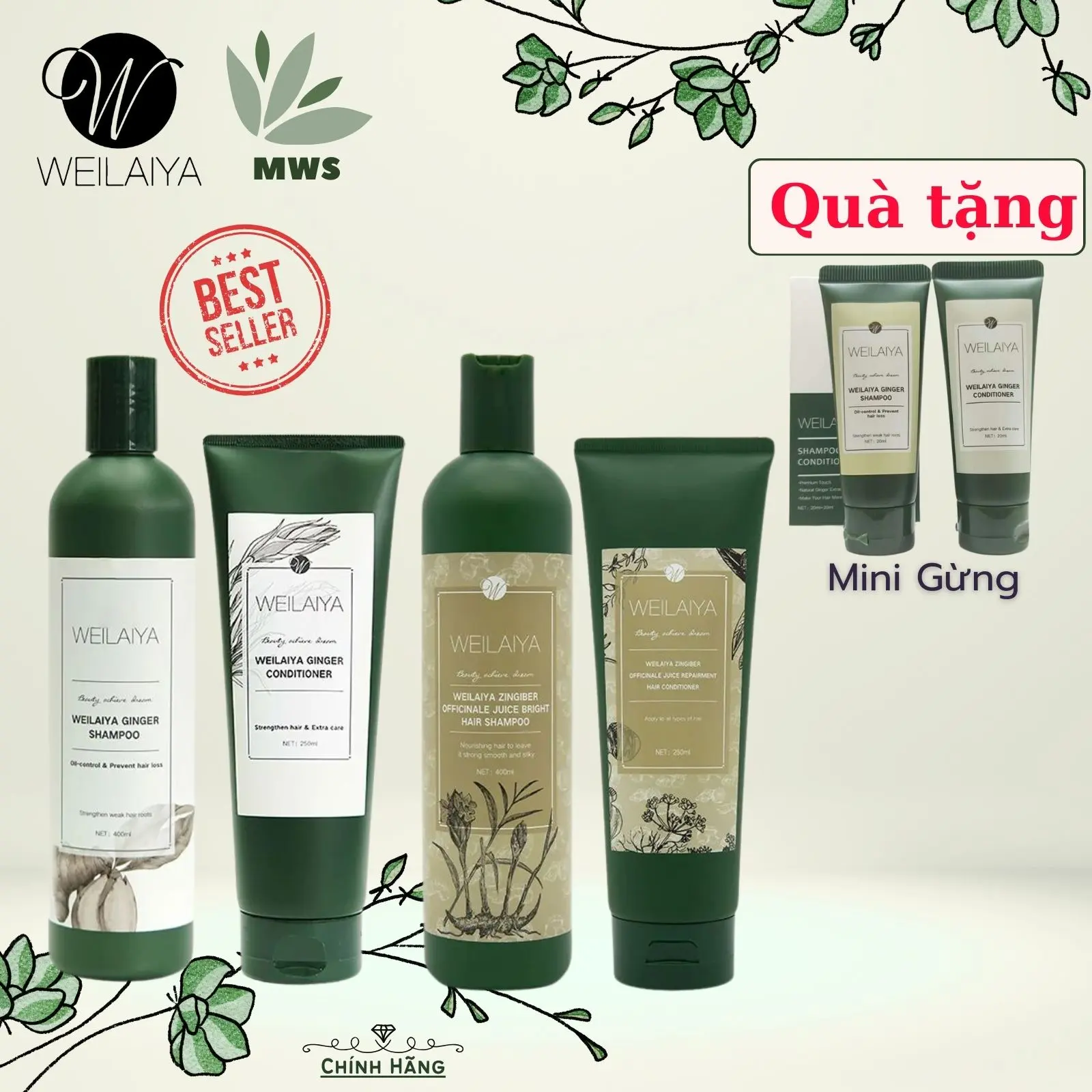 [Tặng cặp nhỏ gừng] CẶP DẦU GỘI XẢ GỪNG TRẮNG CHO DA GẦU BẾT DẦU, GỪNG NÂU HÀ THỦ Ô CHO DA DẦU NHẠY CẢM CỦA WEILAIYA [Thảo dược] [Dưỡng Tóc] [400ml & 250 ml] [Chính hãng]