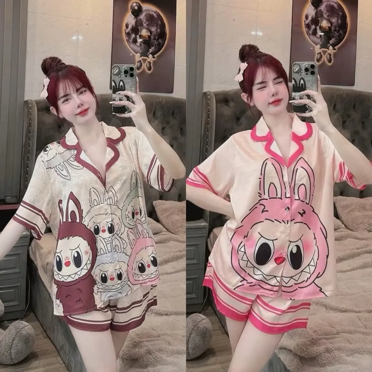 Bộ pizama đùi tay ngắn chất latin labubu dễ thương chất mát xịn - shopnghi85