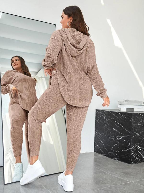 Plus Size Two-Piece Set Solid Split Hem Hoodie & High Waist Skinny Pants Set, Casual Fashion Drop Shoulder Long Sleeve Top & Trousers, Women's Two-piece Outfits 8