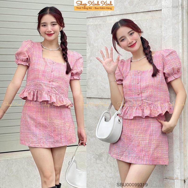 Product Introduction of Sét Bộ Đồ Nữ, Set Áo Chân Váy Kẻ Hồng, Set Váy Áo Kẻ Hồng Cổ Vuông Tay Phồng Mix Chân váy chữ A cùng tông hồng nữ tính 11
