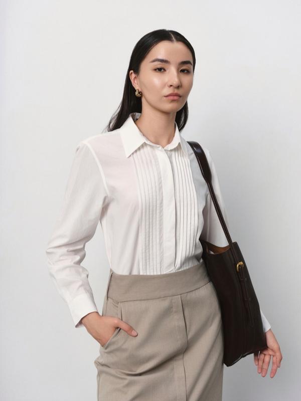 Áo sơ mi nữ xếp ly thân trước dáng relax MONO TALK_MOF24W-T10026TK