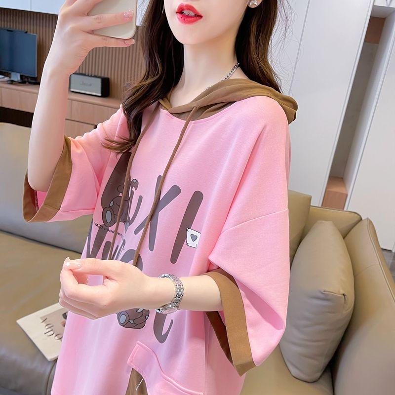 Product Introduction of Áo Thun Ngắn Tay Có Mũ Trùm Đầu, Dành Cho Nữ, Phong Cách Hàn Quốc, Dáng Rộng Vừa Vặn, Dễ Phối Đồ Đi Chơi, Màu Tương Phản, Áo Tay Lửng Ngoại Cỡ Thời Trang, Mùa Hè 2024 Hàng Mới Về Women Top Hoodie Cổ Tròn 18