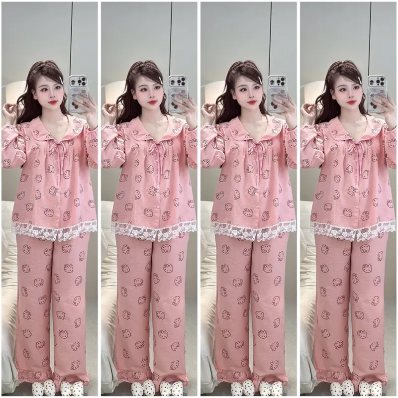 Bộ mặc nhà cổ sen hoạ tiết chất đũi xinh xắn dễ thương Nữ (40-65kg)
