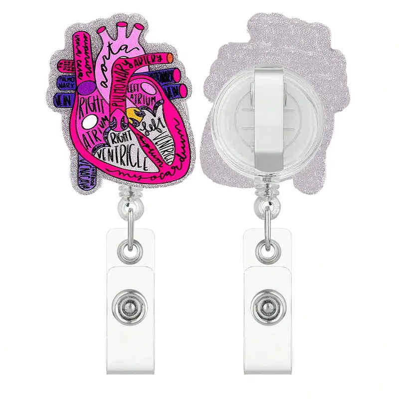 Heart Pattern Badge Holder, 1 Count Retractable Badge Reel with ID Clip, Identification Badges & Supplies for Nurse Doctor Student Worker 8