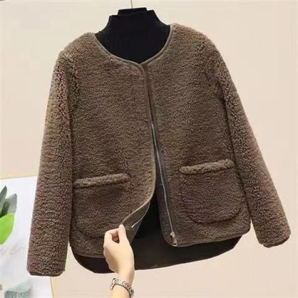 Product Introduction of round Neck New Women's Autumn and Winter Western Style Korean Style Loose Fleece Coat Fleece Short Cardigan Jacket 5