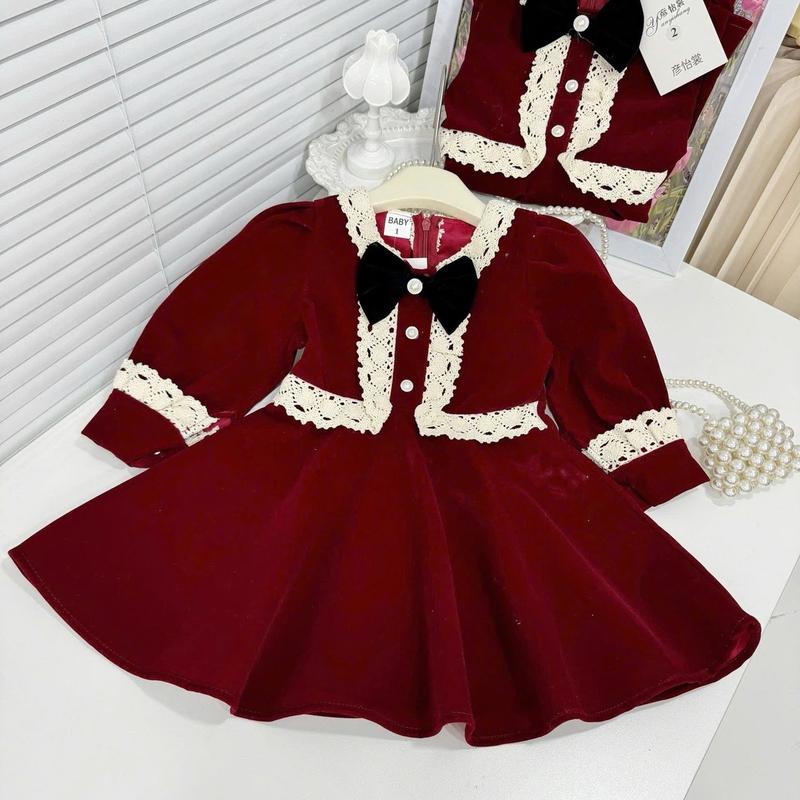 ￼Bộ thu đông bé gái,váy nhung 2 tầng cổ nơ phong cách tiểu thư cho bé diện noel, tết 2025 cho bé 10 - 20kg Moon Jonhny 7