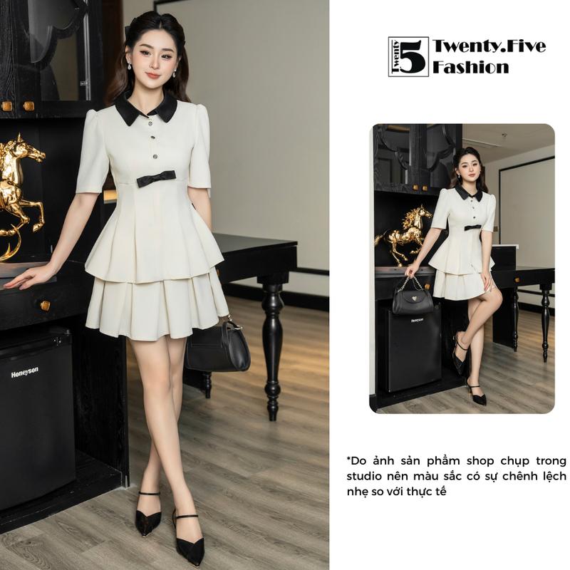 Twentyfive Set Áo Kiểu Tay Lỡ , Cổ Polo Phối Nơ Ngực và Chân Váy Nửa Xếp Ly To Có Lót Quần - Mã AL07-CL04