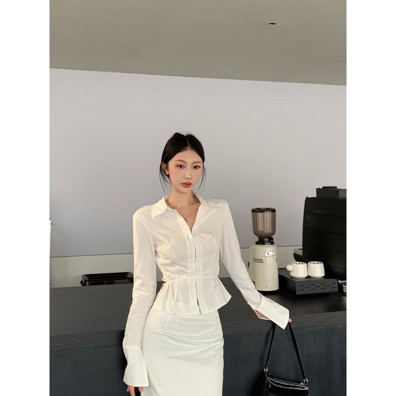 Set Áo Tay Dài Đan Chéo Eo Phối Chân Váy Dài TIBU Set Đồ Nữ Sang Chảnh Đơn Giản Đi Chơi Dạo Phố Tôn Dáng S41 Women Top Voi 3