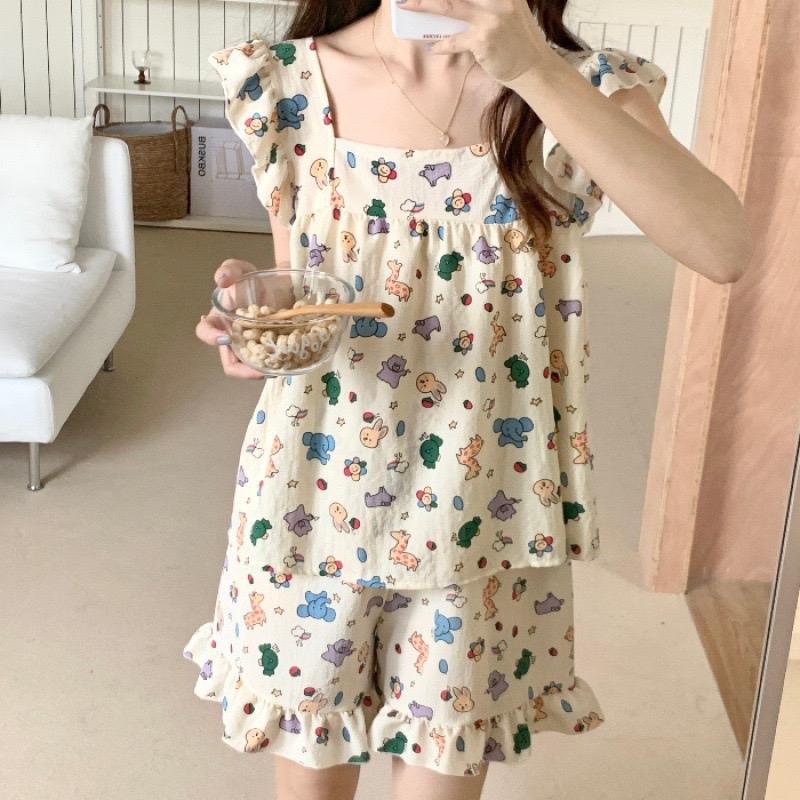   11 màu   Bộ pijama bộ ngủ nữ tiểu thư cổ vuông sát nách đũi mát QCCC mùa hè mặc đi ngủ mát mẻ thoải mái Women Quần Ngủ Áo Ngủ Cotton 