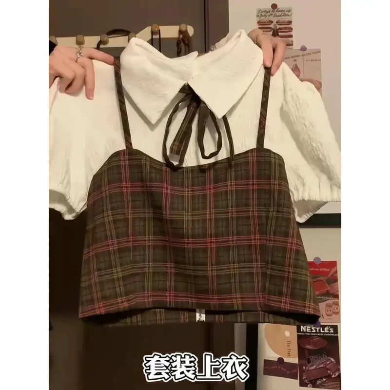 Trang Phục Váy Kẻ Sọc, Phong Cách Preppy Nanyimeng, Cổ Điển Ngọt Ngào Áo Sơ Mi ngắn Tay Giả Hai Mảnh, Váy Xếp Ly Bộ Hai Mảnh Top 6