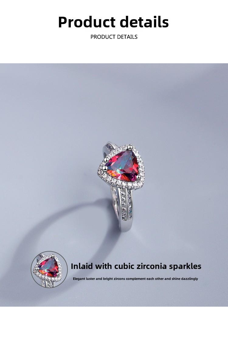 Product Introduction of New Colorful Diamond Ring for Women Fashionable Elegant Open Ring European and American Light Luxury Style AB Color Triangle Zircon Ring 3