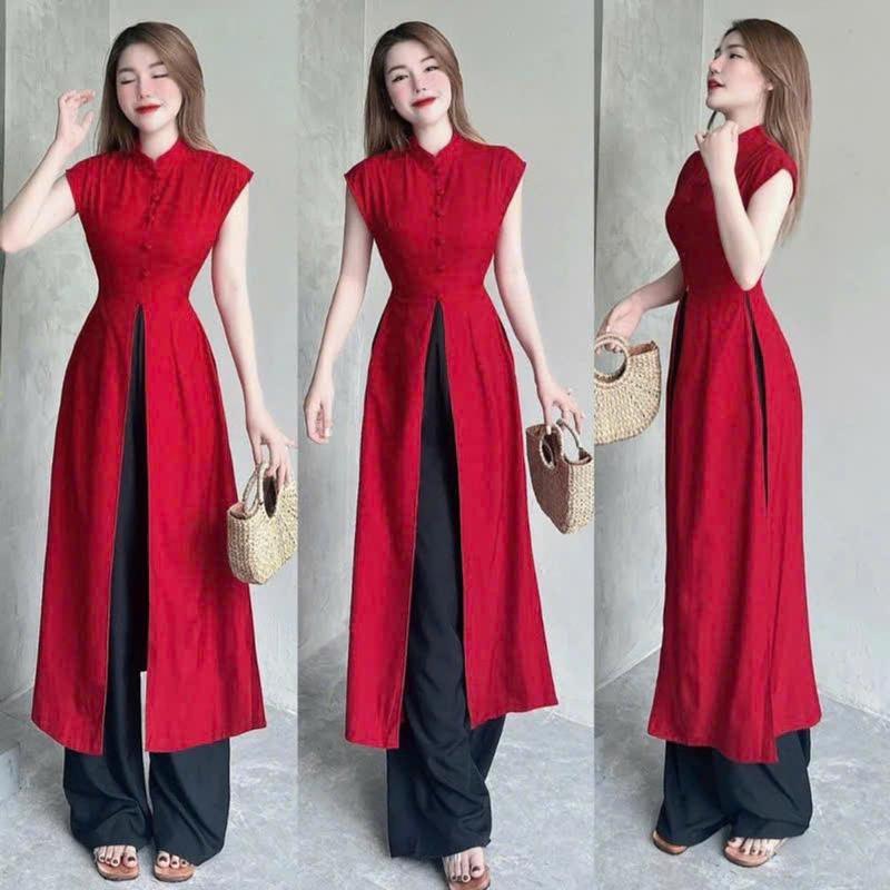 Set Áo Dài Đỏ Tay Cánh Cách Tân Xẻ Tà Giữa Chất Tuyết Nhung Dày Mịn Sang Trọng, Thiết Kế Độc Đáo Dành Riêng Cho Phái Đẹp Dưới 53kg Nữ Women Dress 0