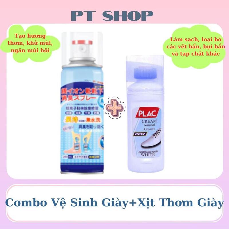 Combo Chai Tẩy Trắng, Vệ Sinh Giày 100ml + Chai Xịt Khử Mùi Hôi, Khử Khuẩn Giày Dép, Làm Thơm Tủ Giày Công Nghệ Nano Bạc 260ml- PT SHOP 1